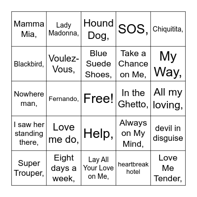 ABBA, Elvis & The beatles Bingo Card