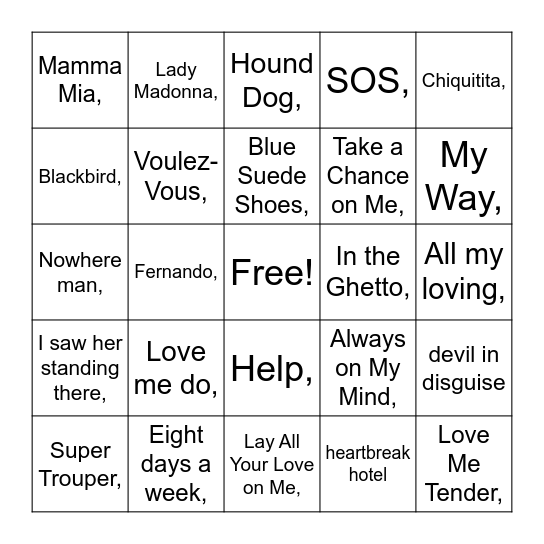 ABBA, Elvis & The beatles Bingo Card