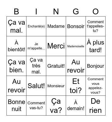 French Greetings Bingo Card