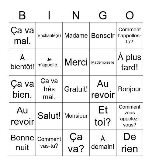 French Greetings Bingo Card