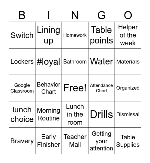Routines and Expectations Bingo Card