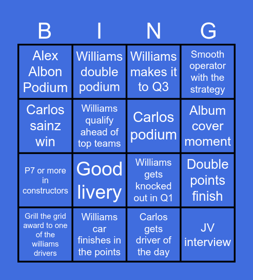 Williams 2025 Bingo Card Bingo Card