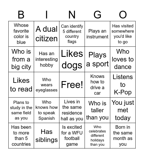 International Bingo Card