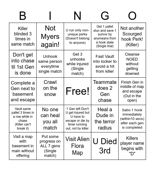 Surivor DBD Bingo Card