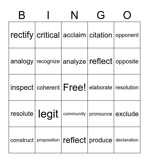 Vocabulary Bingo Card