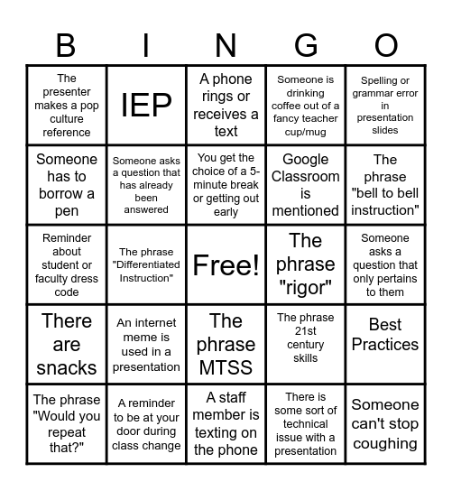 Professional Development Bingo Card