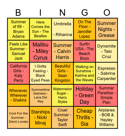 Summer Karaoke Bingo Card