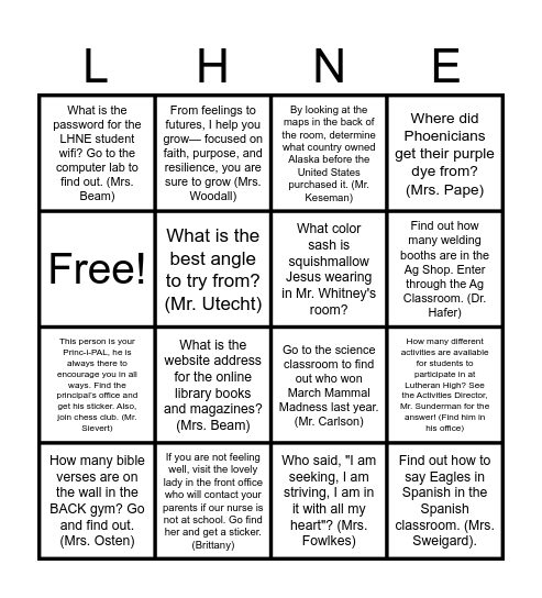 New Student Orientation Scavenger Hunt Bingo Card
