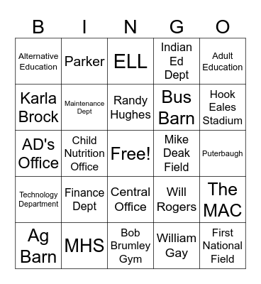 MHS Location/ Department Bindo Bingo Card