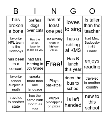 Classmate Bingo Card