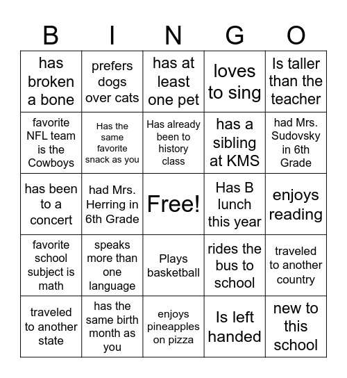 Classmate Bingo Card