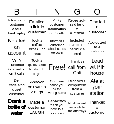 Call Center Bingo Card