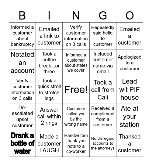 Call Center Bingo Card