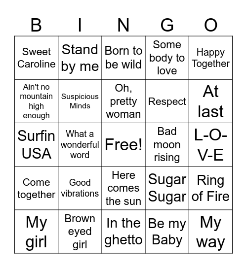 60s Music Bingo Card
