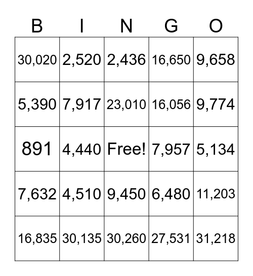 Whole Number Multiplication Bingo Card