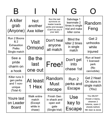Surivor DBD Bingo Card