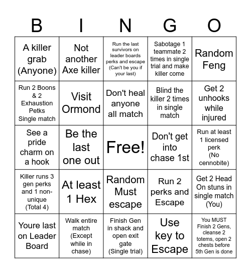 Surivor DBD Bingo Card