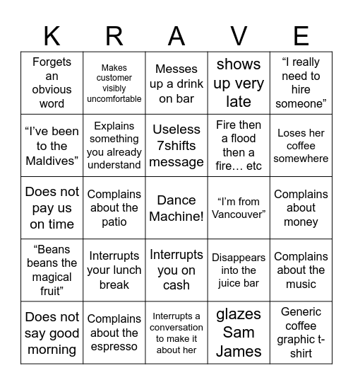 Krave Bingo Card