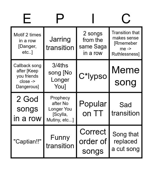 EPIC: The Musical On Shuffle Bingo Card