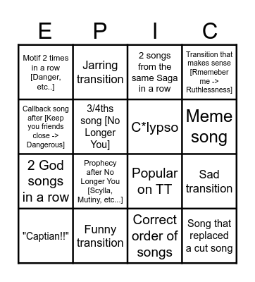 EPIC: The Musical On Shuffle Bingo Card