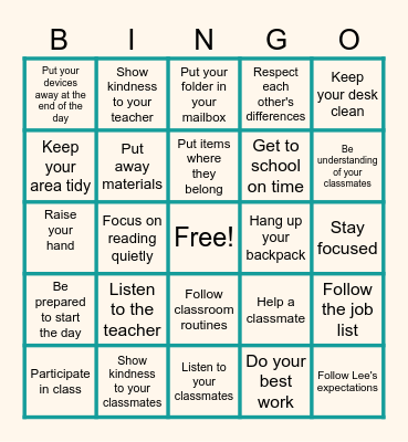 Responsibility Bingo Card