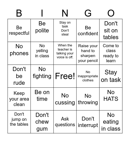 Classroom Expectations Bingo Card