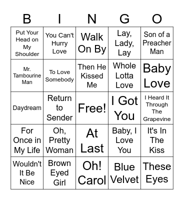 1960's Music Bingo Card