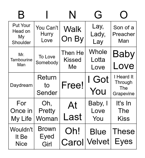 1960's Music Bingo Card