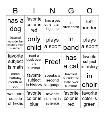 Back to school Bingo Card