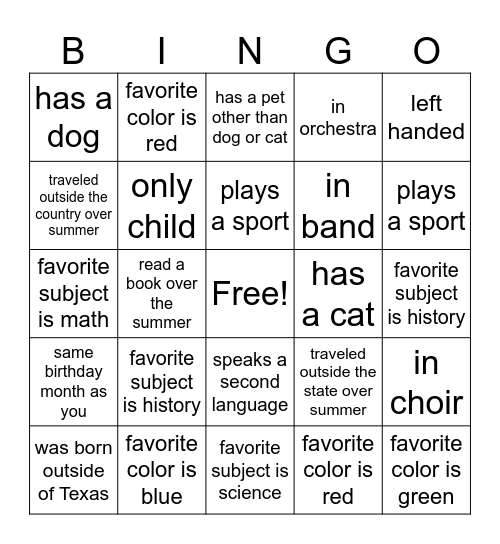 Back to school Bingo Card