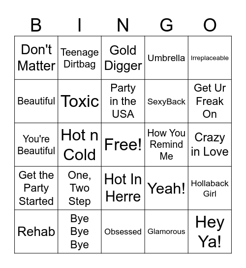 2000 Hits Bingo Card
