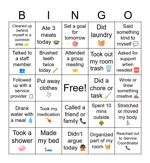 Daily Living Skills Bingo Card