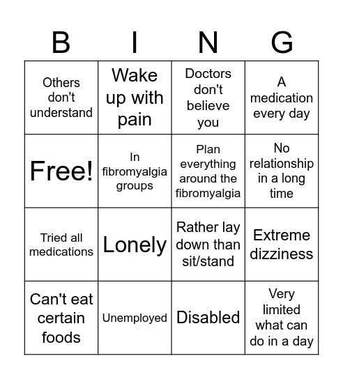 Fibromyalgia Bingo Card