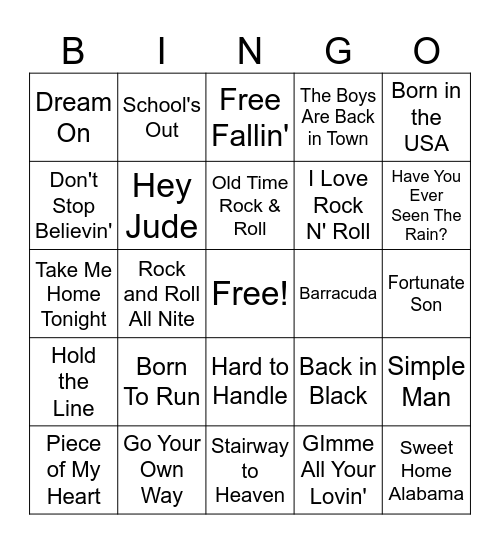 Classic Rock Bingo Card