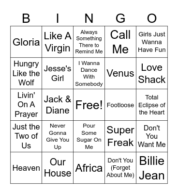 80's Hits Bingo Card