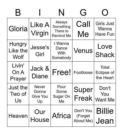 80's Hits Bingo Card