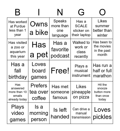 SCALE Bingo Card