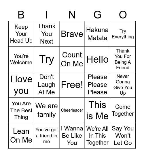 Kind Words Bingo Card