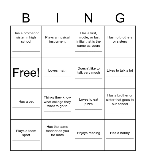 Getting to Know You Bingo Card