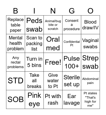 Camas Urgent Care Bingo Card