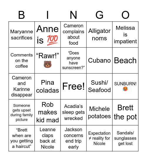 Wilson Family Bingo Card
