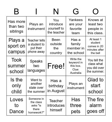 First Day of School Bingo Card