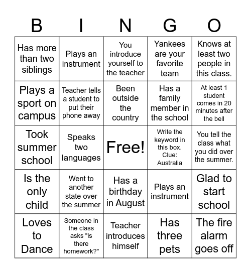 First Day of School Bingo Card