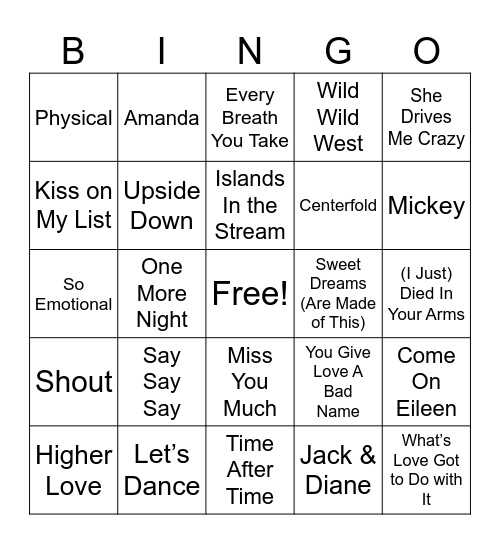 Top of the Charts Bingo Card