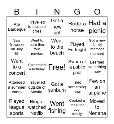 What I Did on My Summer Vacation Bingo Card
