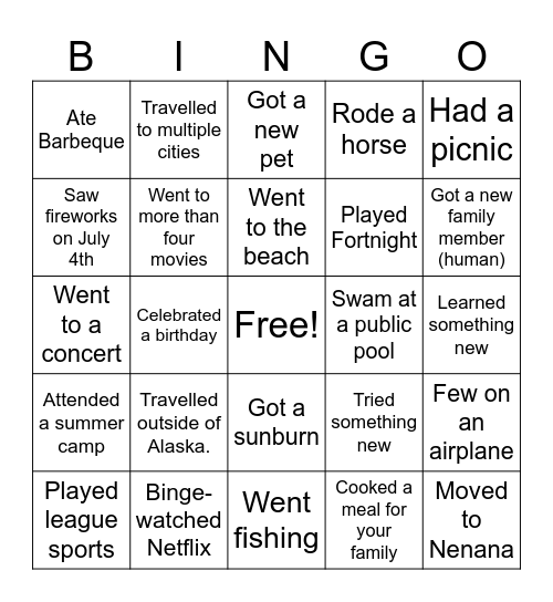 What I Did on My Summer Vacation Bingo Card
