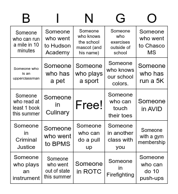 HOPE Back to School Bingo Card