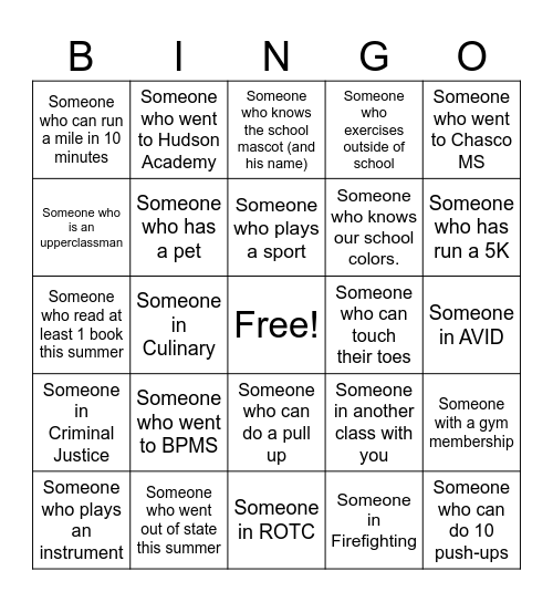 HOPE Back to School Bingo Card