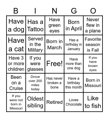 Smith family Bingo Card