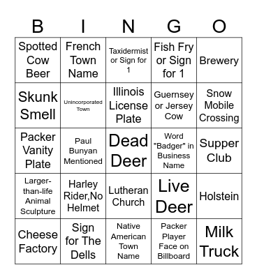 Wisconsin Road Trip Bingo Card